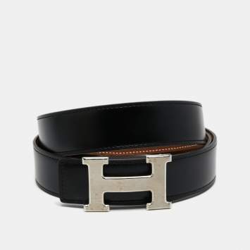 Pre Owned Hermes Black/Gold Togo and Box Leather H Buckle Palladium Finish Reversible Belt 100CM