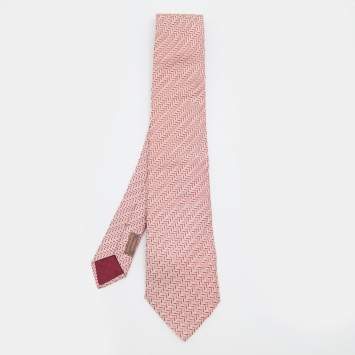 Pre Owned Hermès Red & White Chevron Jacquard Silk Tie