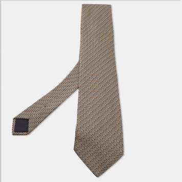 Pre Owned Hermes Brown Patterned Silk Jacquard Tie 