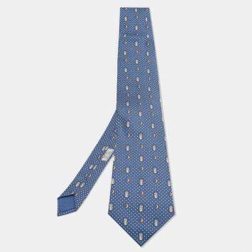 Pre Owned Hermes Blue Night Owl Print Silk Tie 