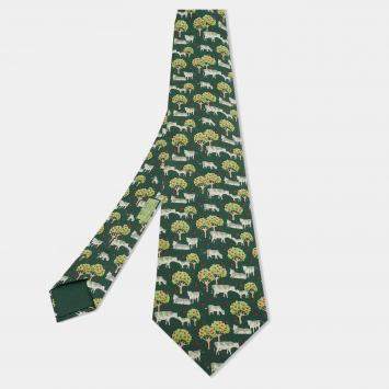 مملوكة مسبقًا Hermes Vintage Green Animal Print Silk Tie 