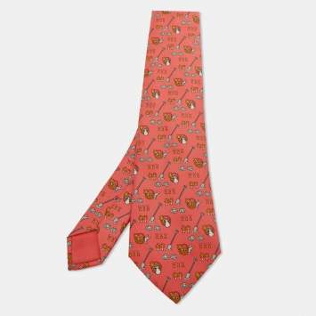 Pre Owned Hermes Saffron Pink Garden Print Silk Classic Tie