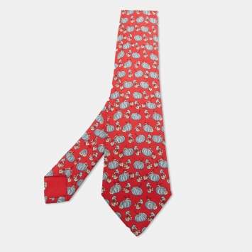 Pre Owned Hermes Vintage Coral Red Pumpkins and Orchids Silk Classic Tie 