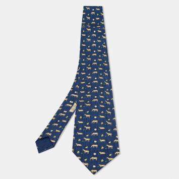 Pre Owned Hermes Blue Sheep Printed Silk Classic Tie 