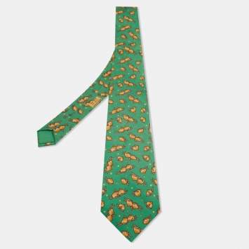 Pre Owned Hermes Green Hazelnut Print Silk Tie 