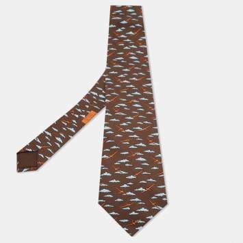 Pre Owned Hermes Brown Cloud Print Silk Classic Tie