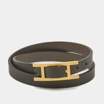 Pre Owned Hermes Behapi Double Tour Leather Gold Tone Bracelet