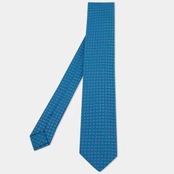 Pre Owned Hermes Peacock Blue Faconne H Silk Jacquard Tie