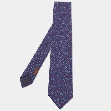 Pre Owned Hermes Navy Blue Printed Silk Jacquard Tie