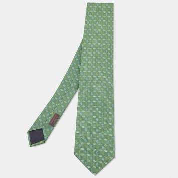 Pre Owned Hermes Green Chain Link Pattern Silk Jacquard Tie