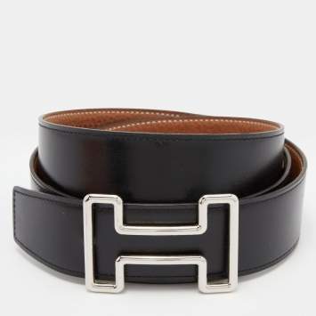 Pre Owned Hermes Black/Gold Box and Togo Leather Tonight Reversible Belt 100CM