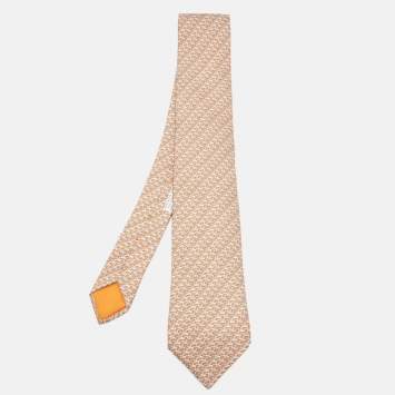 Pre Owned Hermes Orange Chain Print Silk Tie