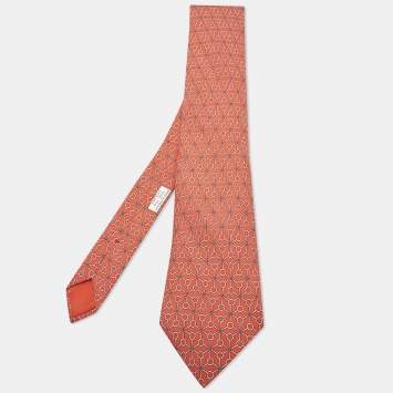 Pre Owned Hermes Orange Printed Silk Tie