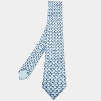 Pre Owned Hermes Blue Dolphin Print Silk Tie
