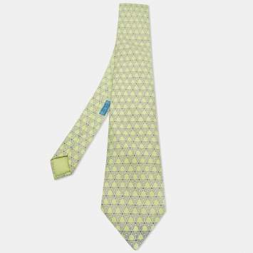 Pre Owned Hermes Green Silk Flocons Print Silk Tie