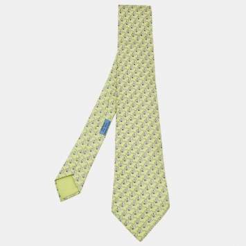 Pre Owned Hermes Green Geometric Horse Print Silk Tie