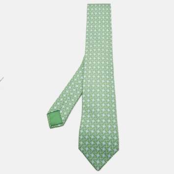 Pre Owned Hermes Green Printed Silk Tie