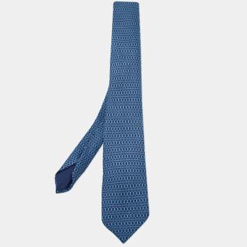 Pre Owned Hermes Blue Geometric Print Silk Tie