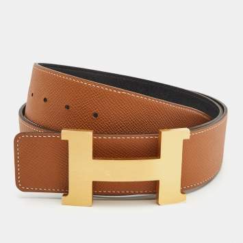 Pre Owned Hermes Gold/Blue Nuit Epsom Leather Constance H Reversible Buckle Belt 90CM