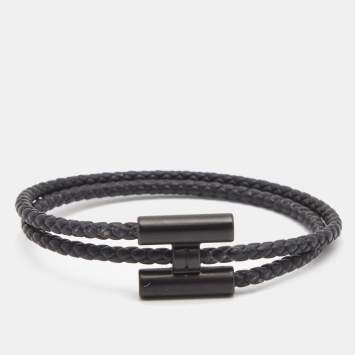 Pre Owned Hermes Tournis Tresse Leather Black Tone Bracelet