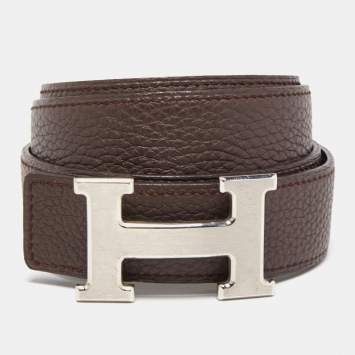 Pre Owned Hermes Black/Chocolat Box and Togo Leather H Buckle Reversible Belt 90CM