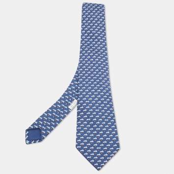 Pre Owned Hermes Navy Blue Rabbits Print Silk Traditional Tie