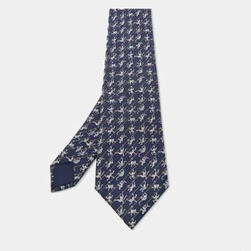 Pre Owned Hermes Navy Blue Monkey Print Silk Tie