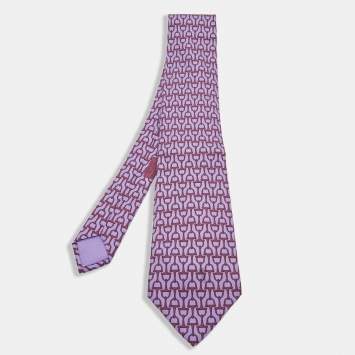 مملوكة مسبقًا Hermes Purple Horsebit Print Silk Traditional Tie