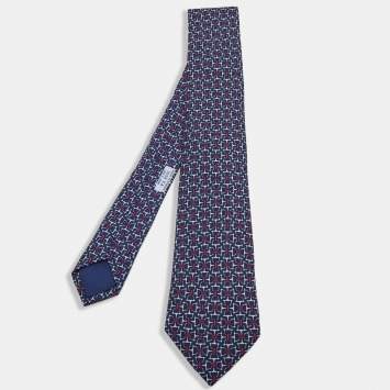 Pre Owned Hermes Navy Blue Equestrian Print Silk Tie