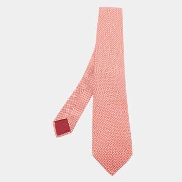 Pre Owned Hermes Red H Logo Silk Jacquard Tie