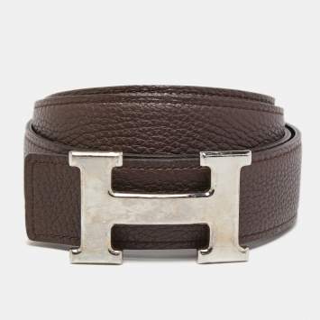 Pre Owned Hermes Black/Chocolat Box and Togo Leather Reversible H Buckle Belt 90CM