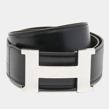 Pre Owned Hermes Black/Chocolat Box and Swift Leather Reversible Constance Belt 85CM