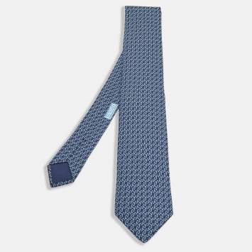 Pre Owned Hermes Dark Blue Twill Printed Silk Heraklion Tie
