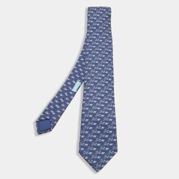 Pre Owned Hermes Blue Surf Print Silk Tie
