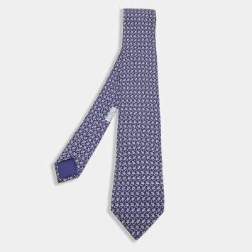 Pre Owned Hermes Dark Blue Turtle Print Silk Tie