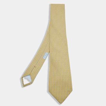 Pre Owned Hermes Yellow/Blue Surfing Print Silk Tie