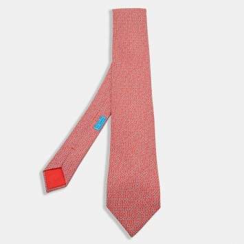 Pre Owned Hermes Red Numerical Print Silk Tie
