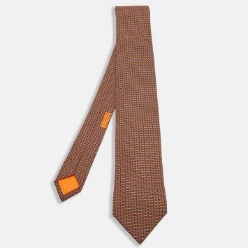 Pre Owned Hermes Orange Printed Silk Tie