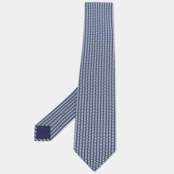 Pre Owned Hermes Navy Blue Printed Silk Tie
