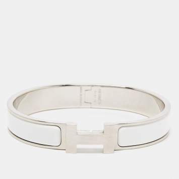 Pre Owned Hermès Clic H White Enamel Palladium Plated Bracelet