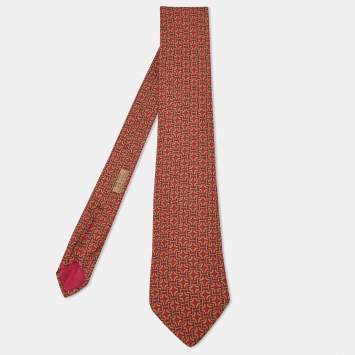 Pre Owned Hermes Burgundy Printed Silk Tie