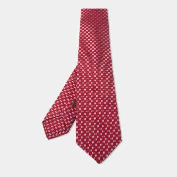 Pre Owned Hermès Red H Medeor Twillbi Silk Jacquard Narrow Tie