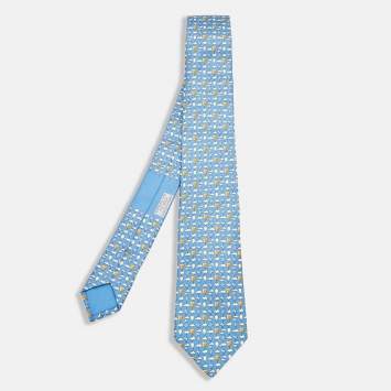 Pre Owned Hermes Blue Up In The Clouds Printed Silk Slim Tie