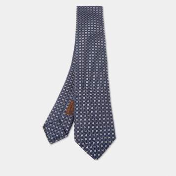 Pre Owned Hermès Navy Blue 7 H Cheval A La Couverture Silk Jacquard Slim Tie