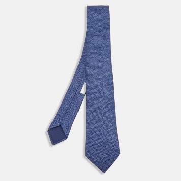 Pre Owned Hermès Navy Blue Labyrinth H Printed Silk Slim  Tie