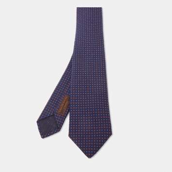 Pre Owned Hermes Navy Blue Cercles Et Pois Silk & Wool Jacquard Slim Tie