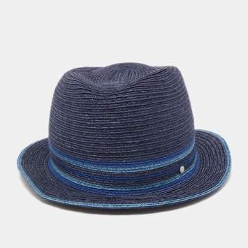 Pre Owned Hermes Navy Blue Striped Detail Hemp Claudio Hat (60)