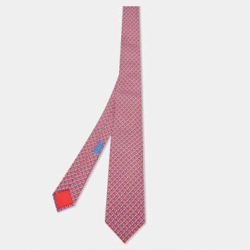 Pre Owned Hermes Red Equestrian Printed Silk Slim Tie