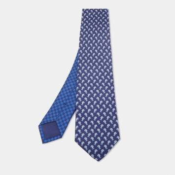 مملوكة مسبقًا Hermès Navy Blue Echec Et Mat Printed Silk Slim Tie