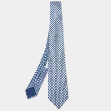 Pre Owned Hermes Blue Les Dents d'Hermes Printed Silk Slim Tie
